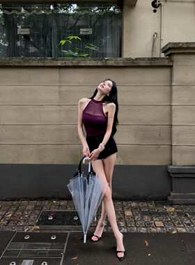 严一安ian网纱拼半高领抹胸背心