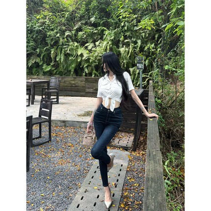 严一安ian【韩漫御姐】紧身弹力牛仔裤女夏显瘦修身深蓝色小脚裤