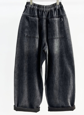 CHYY2025秋季新款松紧腰宽松牛仔女老爹裤白色松垮萝卜裤显瘦黑色