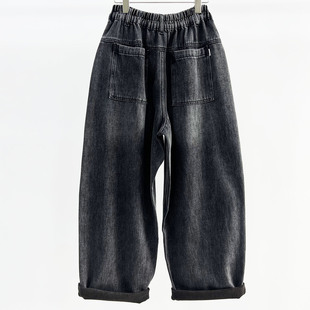 白色松垮萝卜裤 松紧腰宽松牛仔女老爹裤 显瘦黑色 新款 CHYY2025秋季