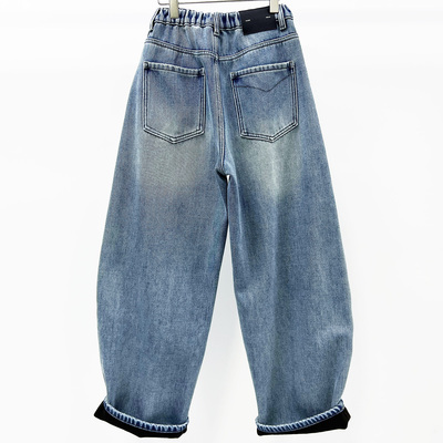 加绒宽松牛仔女香蕉裤浅蓝弯刀裤