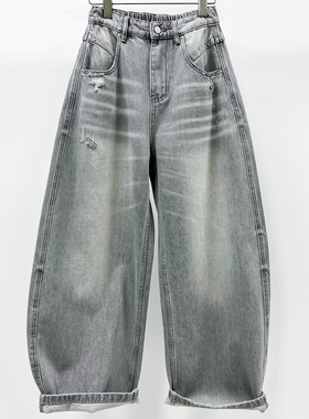 牛道途2026春季新款灰色宽松牛仔女香蕉裤磨破弯刀裤欧货镰刀裤潮