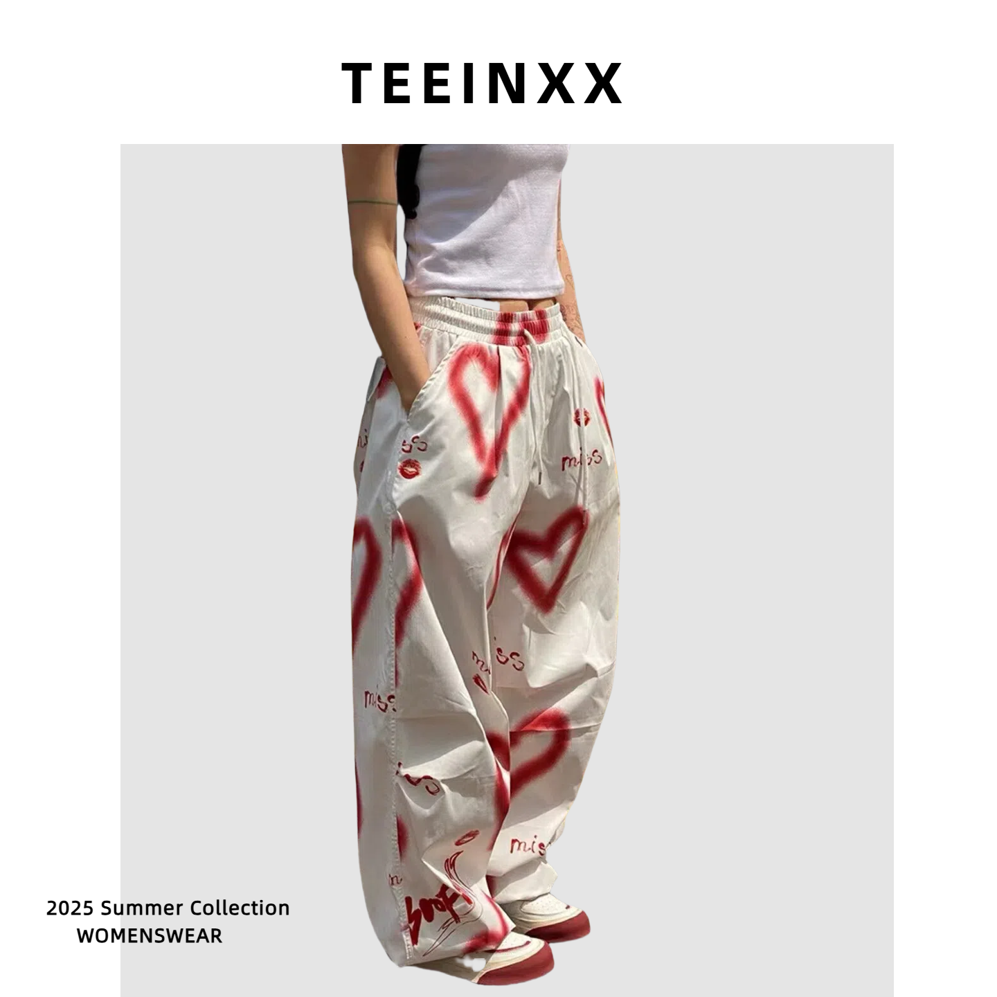 TEEINXX美式复古爱心涂鸦工装裤女ins潮牌休闲宽松直筒显瘦休闲裤