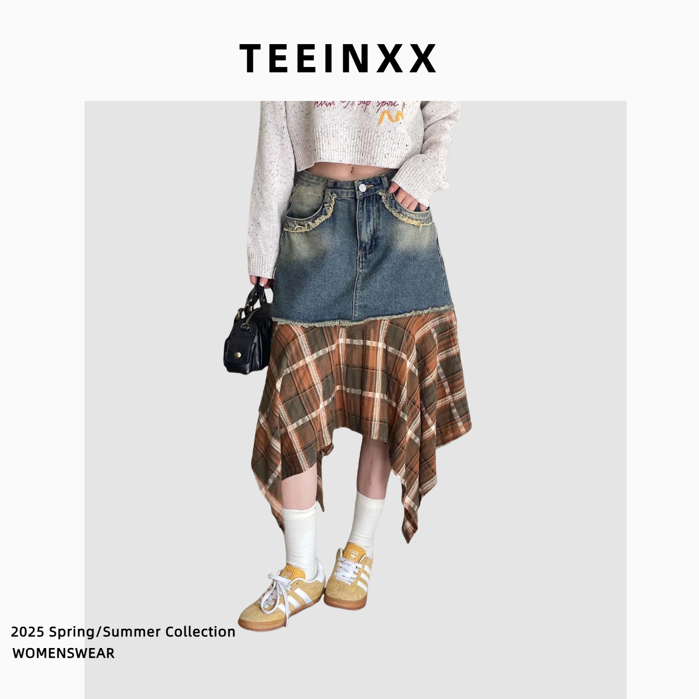 TEEINXX美式不规则半身裙女夏季新款高腰显瘦小众牛仔拼接a字短裙