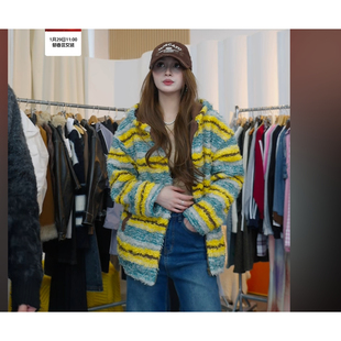 【呼呼严选专享】TEEINXX复古撞色条纹软糯毛毛外套NZ224