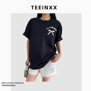 TEEINXX藏蓝色蝴蝶结印花T恤女夏季设计感圆领短袖休闲正肩上衣