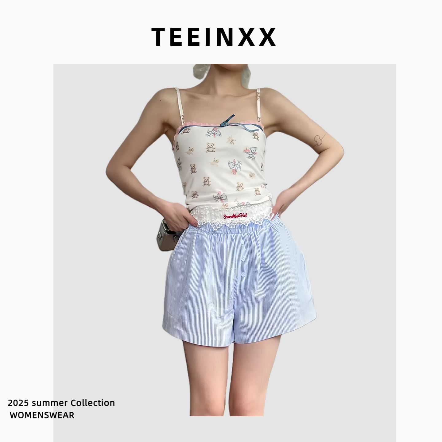 TEEINXX蕾丝腰头拼接竖条纹休闲裤女夏季内搭高腰显瘦阔腿短裤子