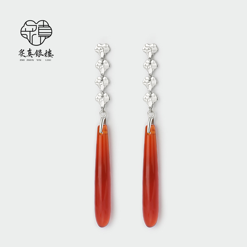 炙真银楼999纯银耳环女款红色耳线玛瑙国风耳坠中式耳钉流苏耳饰