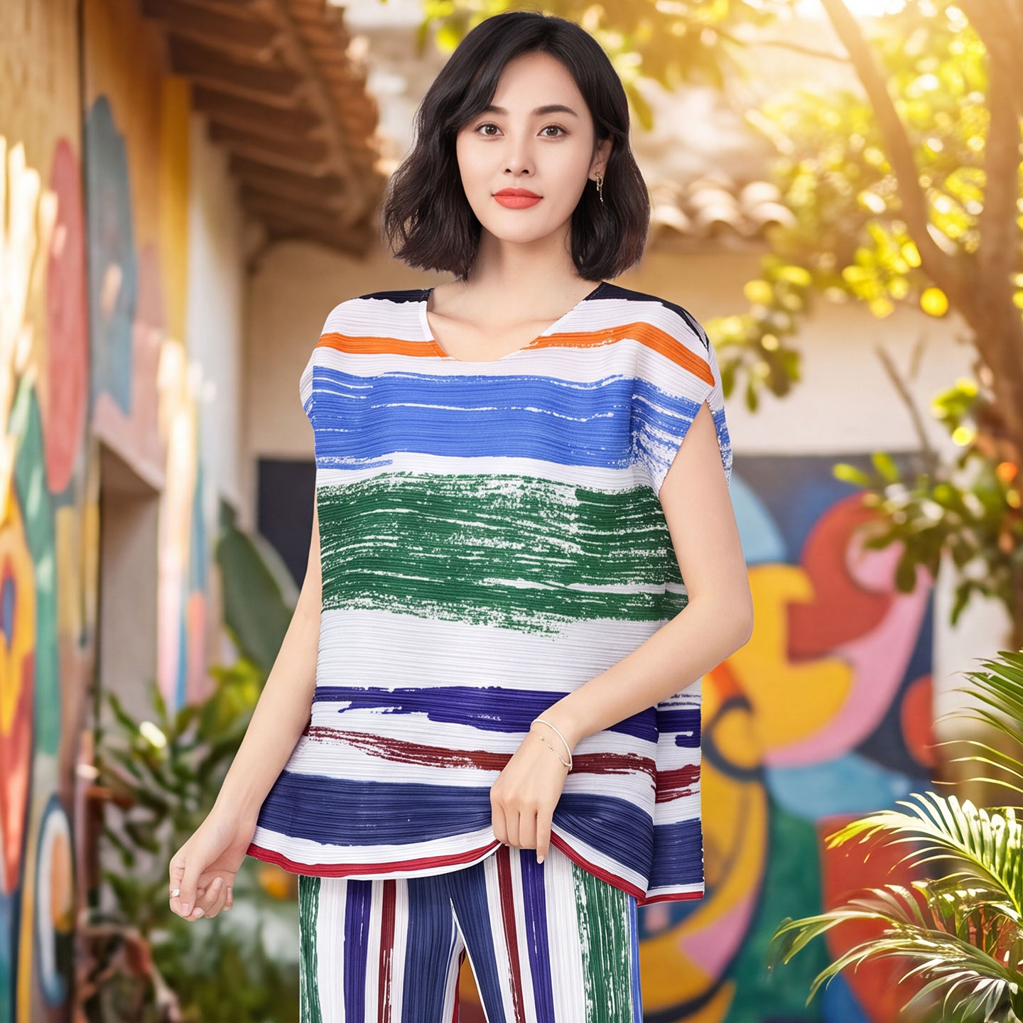 彩色印花短袖宽松褶皱t恤上衣夏图片