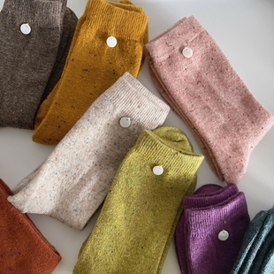 栗子挞 秋冬复古点子纱堆堆袜 贝壳扣子绵羊毛中筒袜短袜女袜