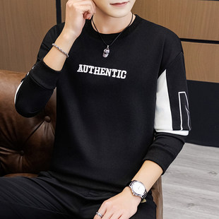 新款 男款 长袖 圆领休闲青年打底衫 宽松潮流t恤上衣 卫衣男士 春秋季