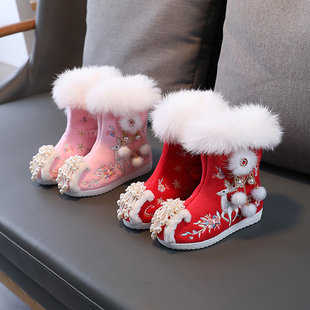 女童秋冬汉服鞋子儿童加绒配马面裙鞋中国风绣花鞋古装红色拜年鞋