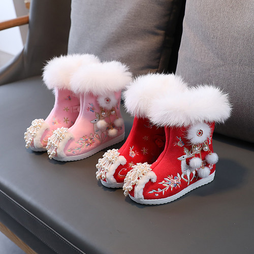 女童秋冬汉服鞋子儿童加绒配马面裙鞋中国风绣花鞋古装红色拜年鞋