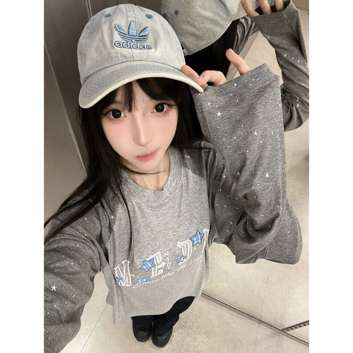 美式复古星星插肩长袖t恤女秋季贴布刺绣设计感小众撞色情侣上衣