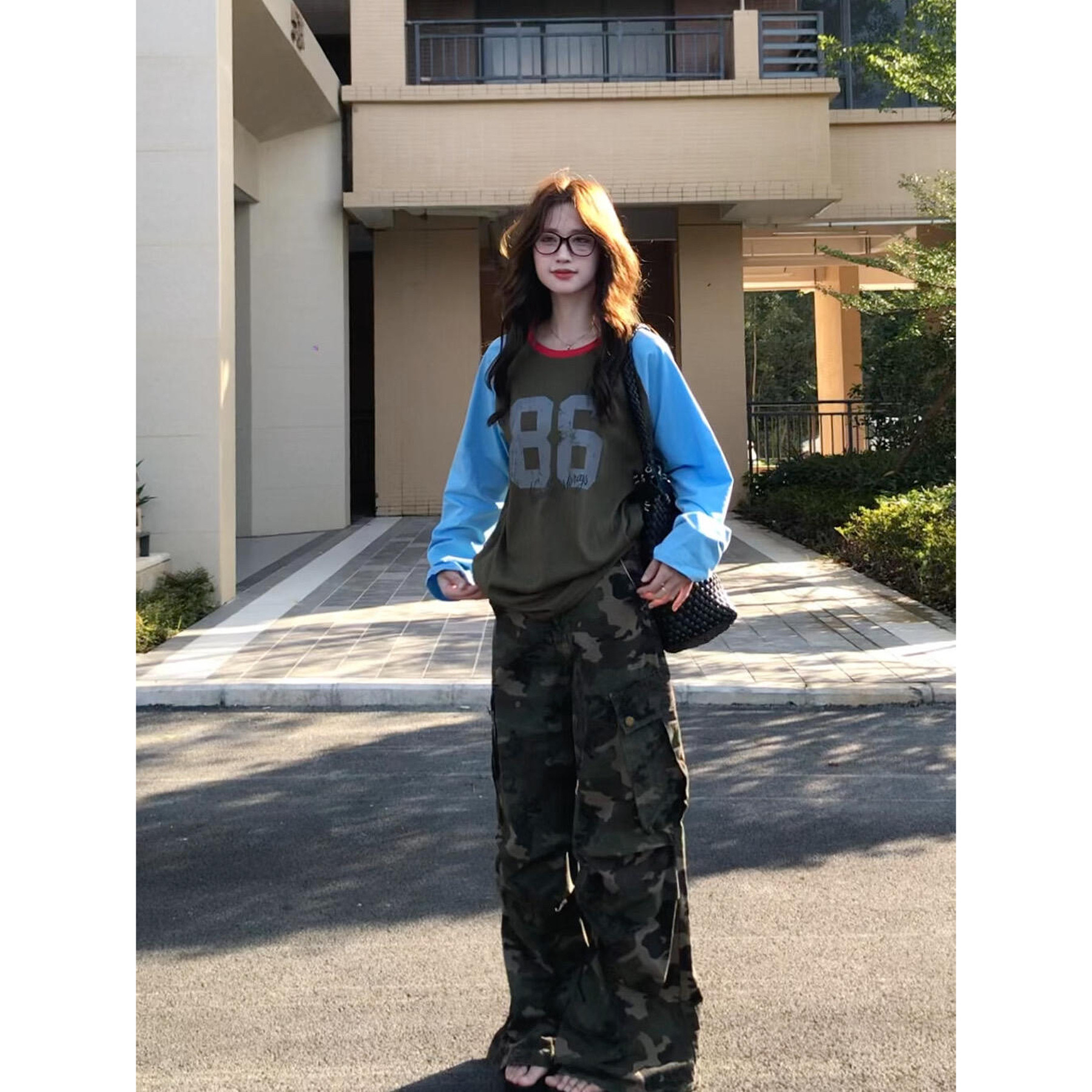美式复古运动风数字撞色长袖t恤女2026新款宽松休闲插肩袖上衣潮