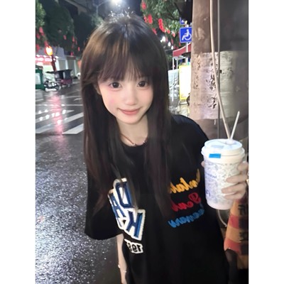 美式高街重工毛巾刺绣短袖t恤女