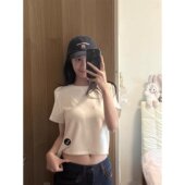 白色小马刺绣正肩短袖 露脐上衣 圆领打底短款 T恤女夏季 2026新款