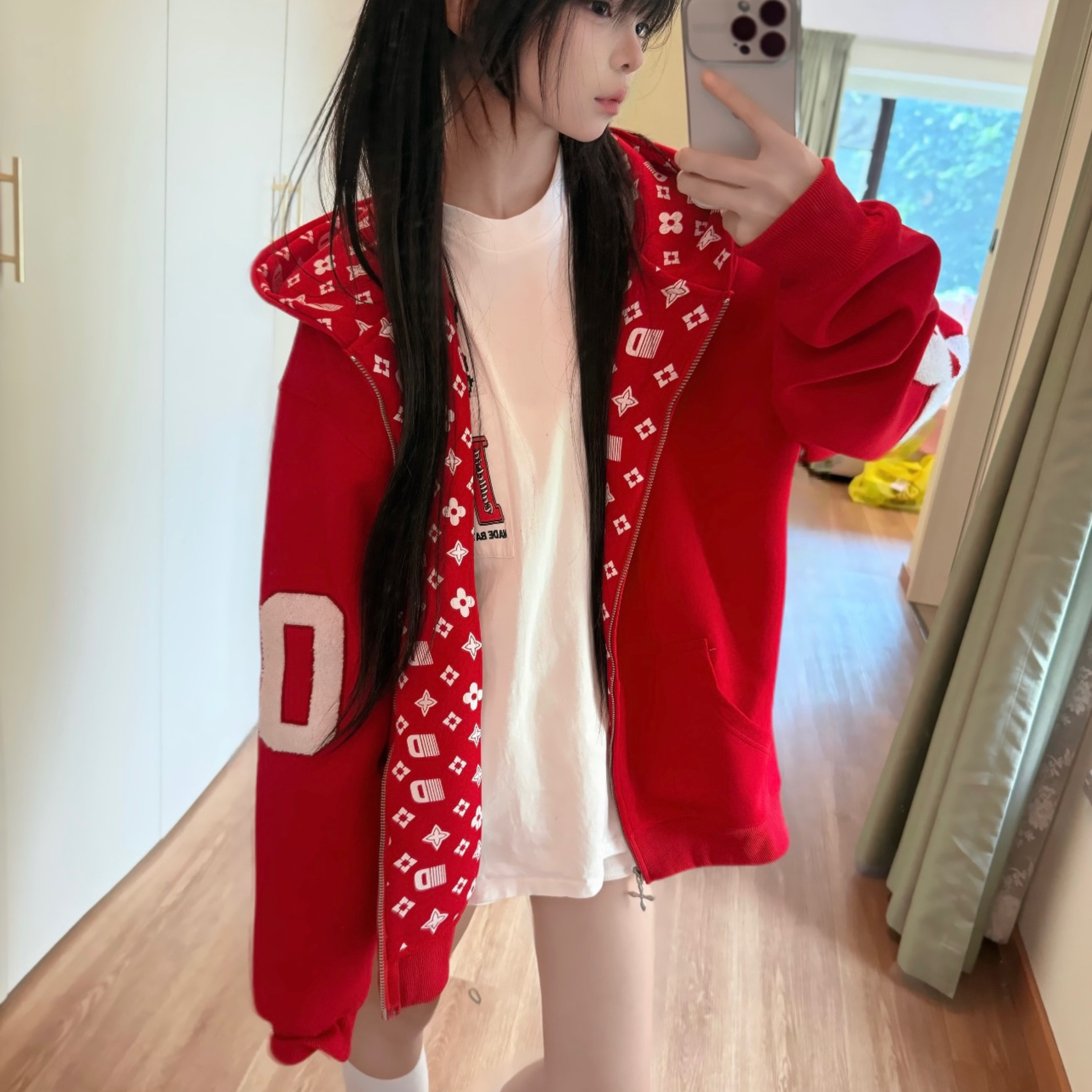 美式复古红色开衫连帽卫衣外套女秋冬2025新款国潮牌情侣拉链上衣