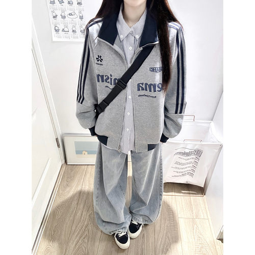 美式复古侧边条纹立领开衫卫衣女秋季2026新款学院风百搭拉链外套