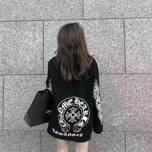 纯棉长袖T恤男女新款秋梵文马蹄印花潮流打底百搭宽松情侣装上