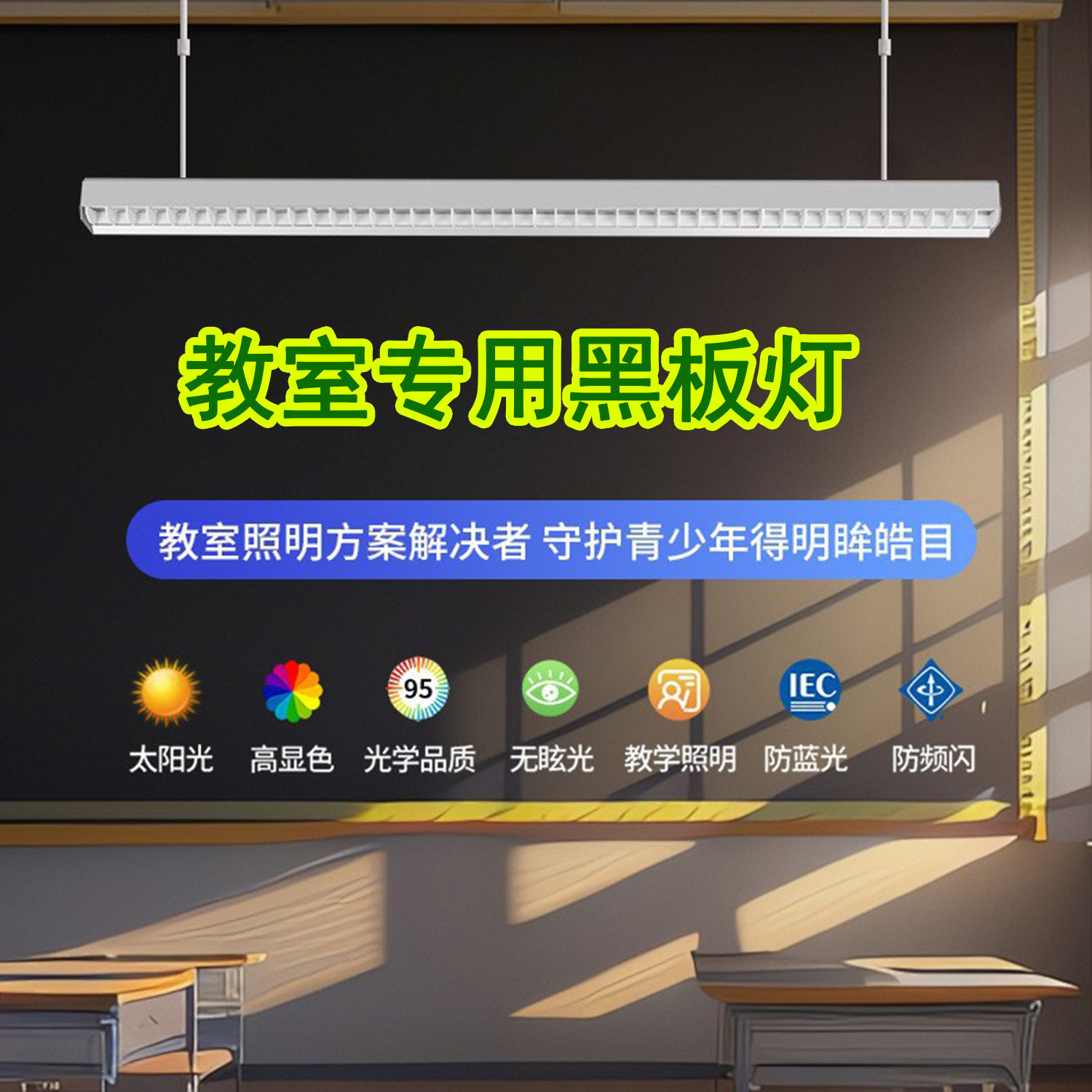 新国标教室专用黑板灯LED全光谱护眼无频闪防蓝光吊灯可调角度