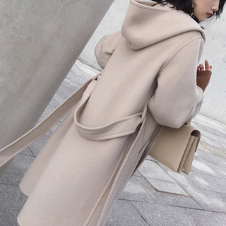 2018流行大衣韩版新款加厚中长款毛呢外套女连帽冬季双面呢子白色