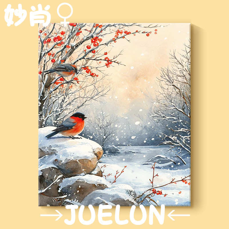 新中式花鸟图纯手绘油画喜上眉梢客厅装饰画柿子喜鹊雪景餐厅挂画
