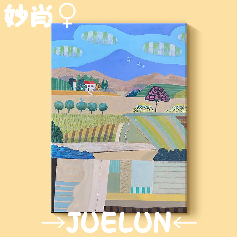 奶油风手绘油画美丽乡村风景卡通客厅装饰画农村田园时光玄关挂画