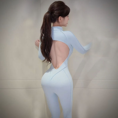 纯欲性感风蓝色高领长袖瑜伽连体衣女露背收腰显身材包臀连体裤