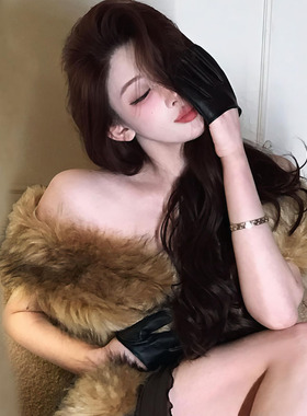 写真拍照纯欲韩版皮草围巾女冬季棕色毛毛装饰长方形披肩时尚保暖