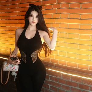 辣妹性感夜场酒吧cosplay派对特工紧身透视镂空露背高腰连体衣