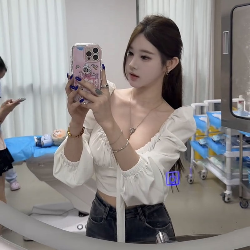 欧美性感辣妹露肩长袖衬衫女修身显瘦内搭打底衫上衣夜店拍照写真