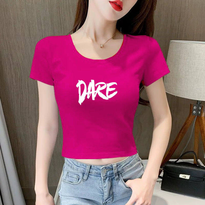 美式甜辣妹正肩短袖t恤女夏季设计感小众多巴胺穿搭彩色短款上衣