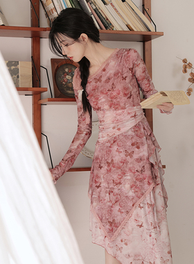 SEENFAAN盛放法式浪漫风纯欲连衣裙修身不对称下摆设计感气质裙子