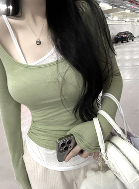 MISS CHANGE【露丝女孩】清丽课代表不对称假两件长袖T恤2024春