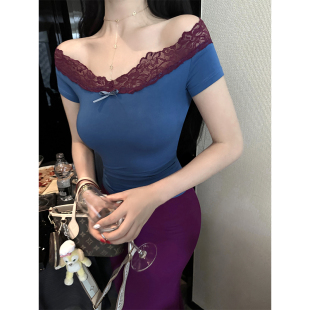 定染琉璃蓝显CUP上衣设计感蕾丝拼接T恤 桃金娘 MISS CHANGE