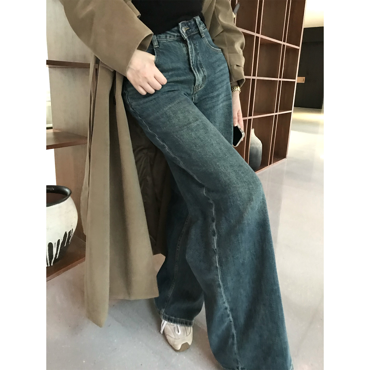 美式复古水洗阔腿直筒拖地牛仔裤