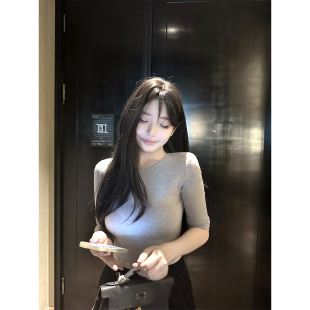 CHANGE MISS 七分袖 纯欲小圆领修身 上衣T恤 显瘦七分袖 七分熟