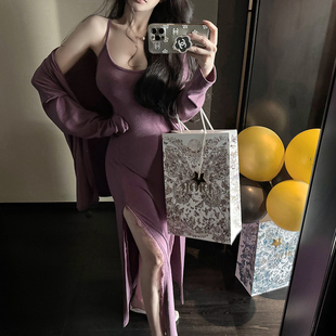 MISS CHANGE【天生尤物】勾魂DU+款羊驼绒蕾丝开叉吊带长裙连衣裙