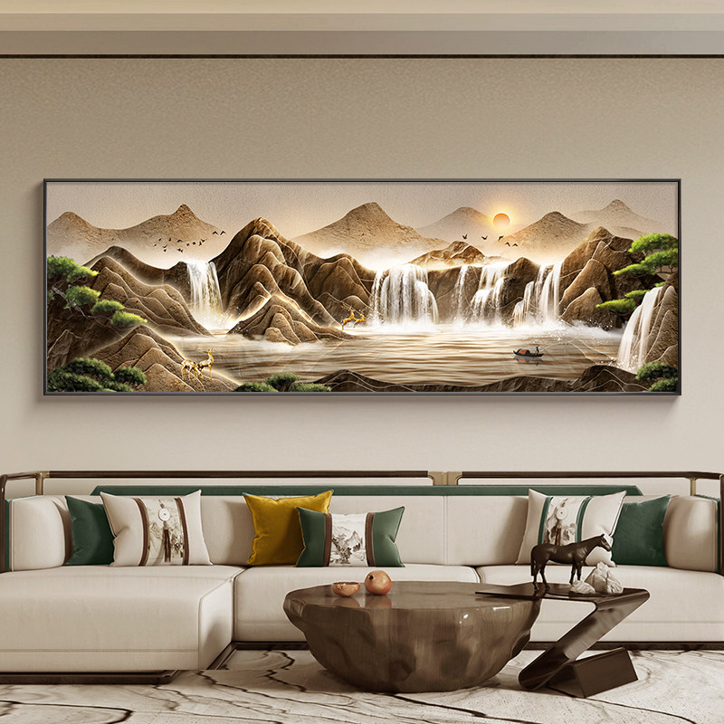 聚宝盆山水画客厅挂画新中式沙发背景墙装饰画大气高档聚财靠山图
