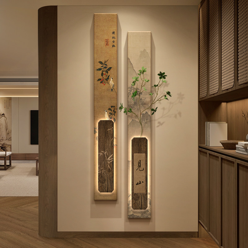 宋代美学玄关装饰画入户门竖版长条挂画高级感茶室墙面装饰壁画灯