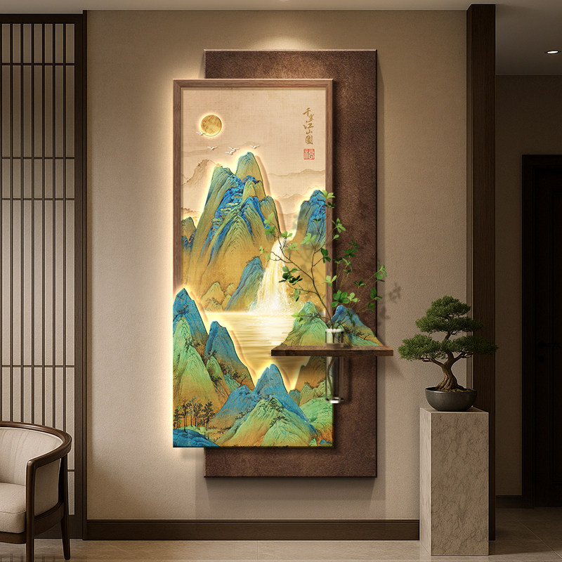 千里江山图玄关挂画入户门走廊过道装饰画新中式茶室氛围布置壁灯