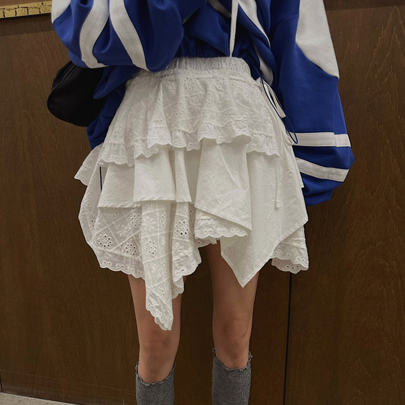 韩国东大门春季新款高腰层层不规则荷叶边半身裙裤系带蛋糕短裙子