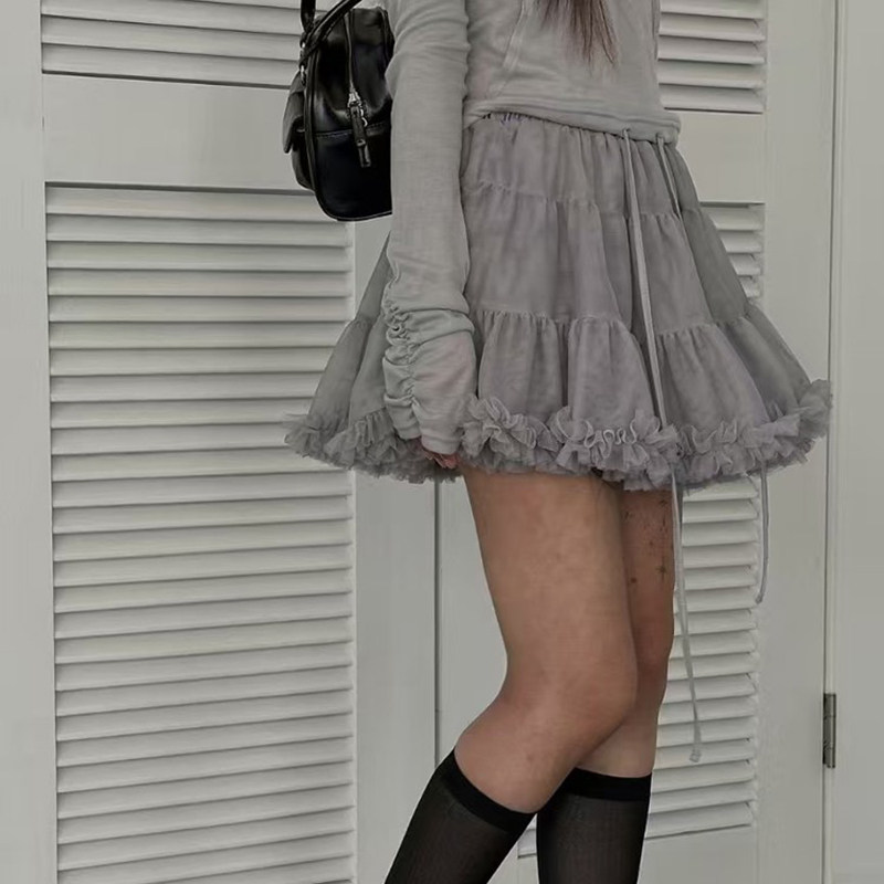 灰色网纱裙蛋糕短裙女2025春季新款高腰显瘦A字裙百搭蓬蓬半身裙