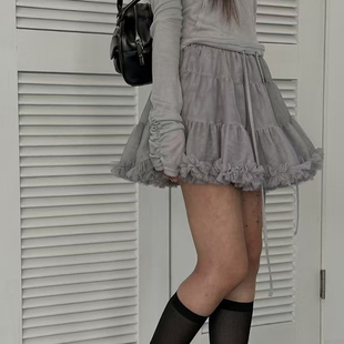 灰色网纱裙蛋糕短裙女2025春季新款高腰显瘦A字裙百搭蓬蓬半身裙