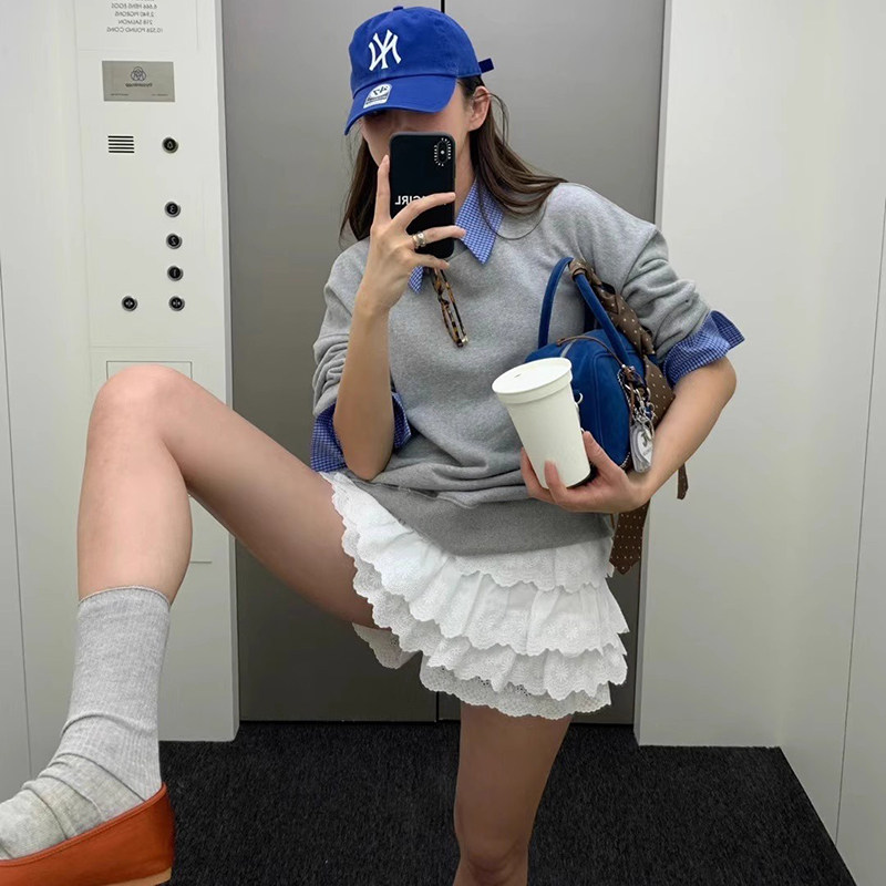 芭蕾少女重工层层荷叶边裙摆蕾丝刺绣白色半身裙女高腰蛋糕短裙裤