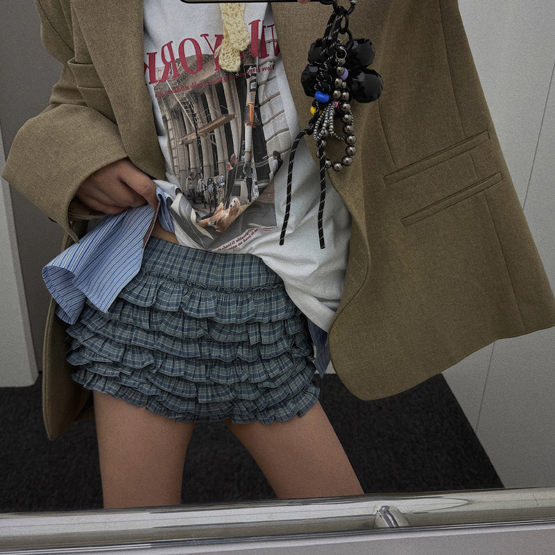 韩国东大门2025春季新款多层重工格子蛋糕花苞短裤裙子半身裙裤女,女装/女士精品,休闲裤,淘宝优惠券,粉丝福利购,淘宝优惠卷