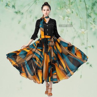 720度点帕斯大裙摆半身裙广场舞吉特巴水兵舞长裙花色舞蹈裙新款