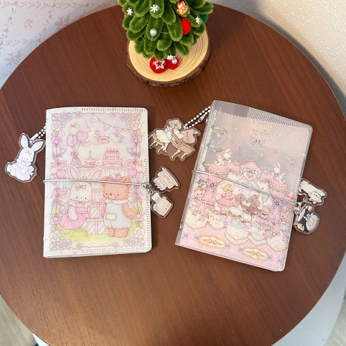 Pink berry原创设计兔熊&音乐会A7斜纹活页壳pp材质二折手帐小卡