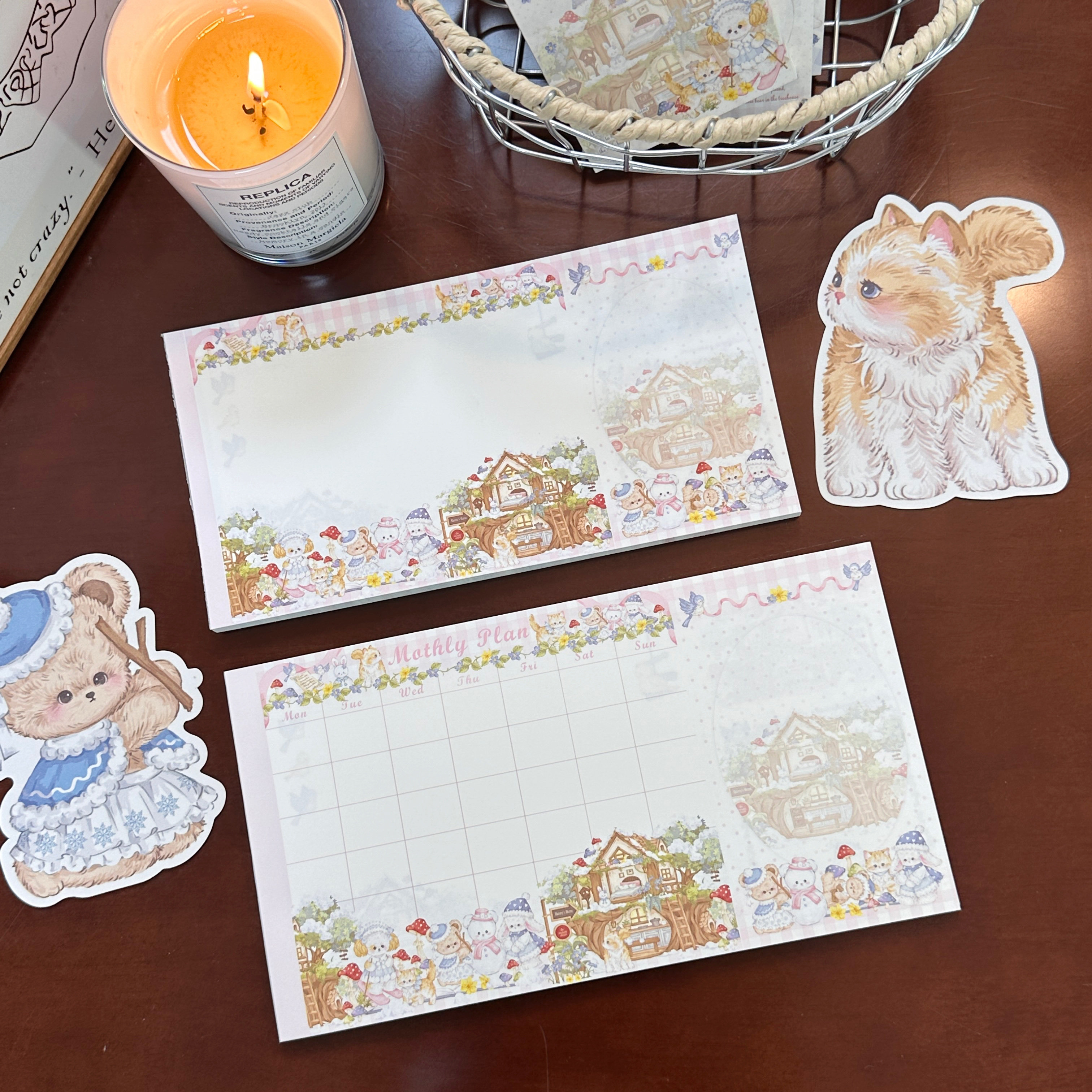 Pink berry原创冬日树屋系列可撕双面M5/A7三折页 便签手帐素材